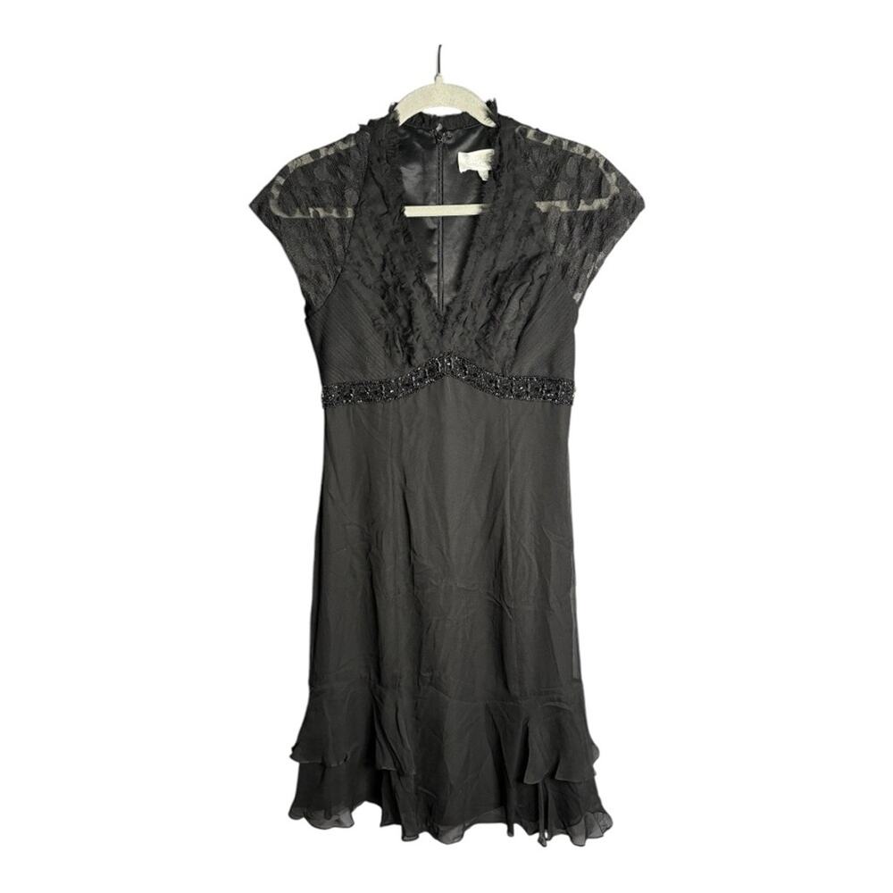 Badgley Mischka Black Short Sleeve Silk Dress With Sequin and Lace Detail 2